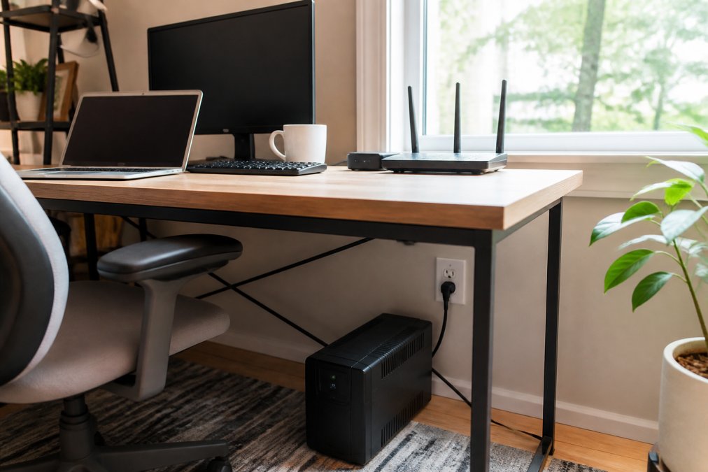 A clean home office desk with a laptop, monitor, and router, with a compact UPS unit plugged in underneath, natural light from a window