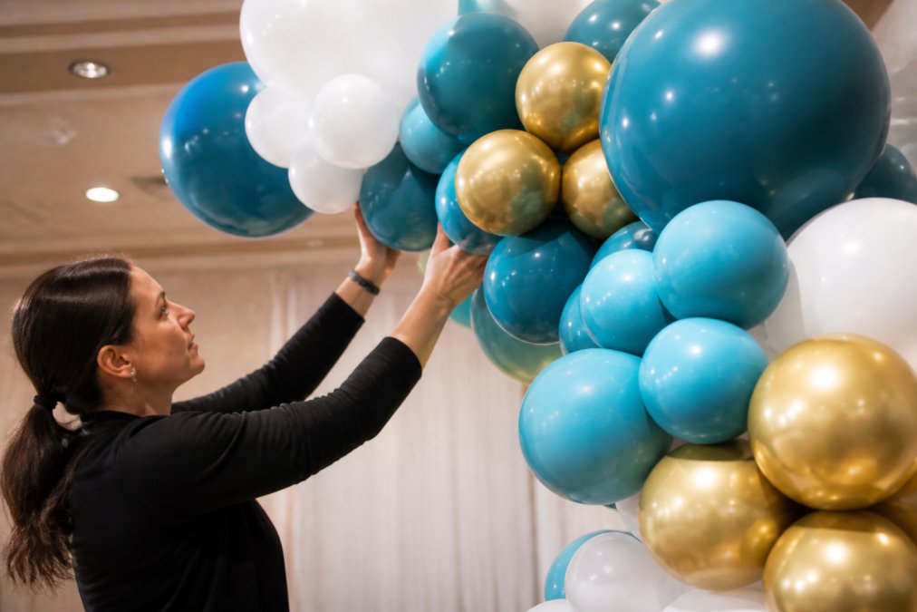 Close-up of a balloon arch in progress at an indoor event venue, showing a dominant color, secondary color, and accent color balloons being assembled by hand