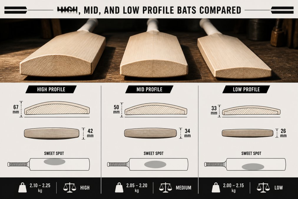 Professional illustration showing choosing bat profile for fast bowlers