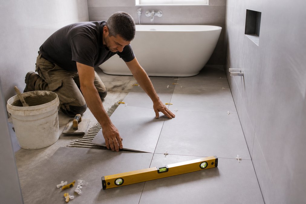 A tiler kneeling on a bathroom floor laying large-format porcelain tiles, spirit level, tile spacers and adhesive bucket visible in a compact bathroom mid-renovation