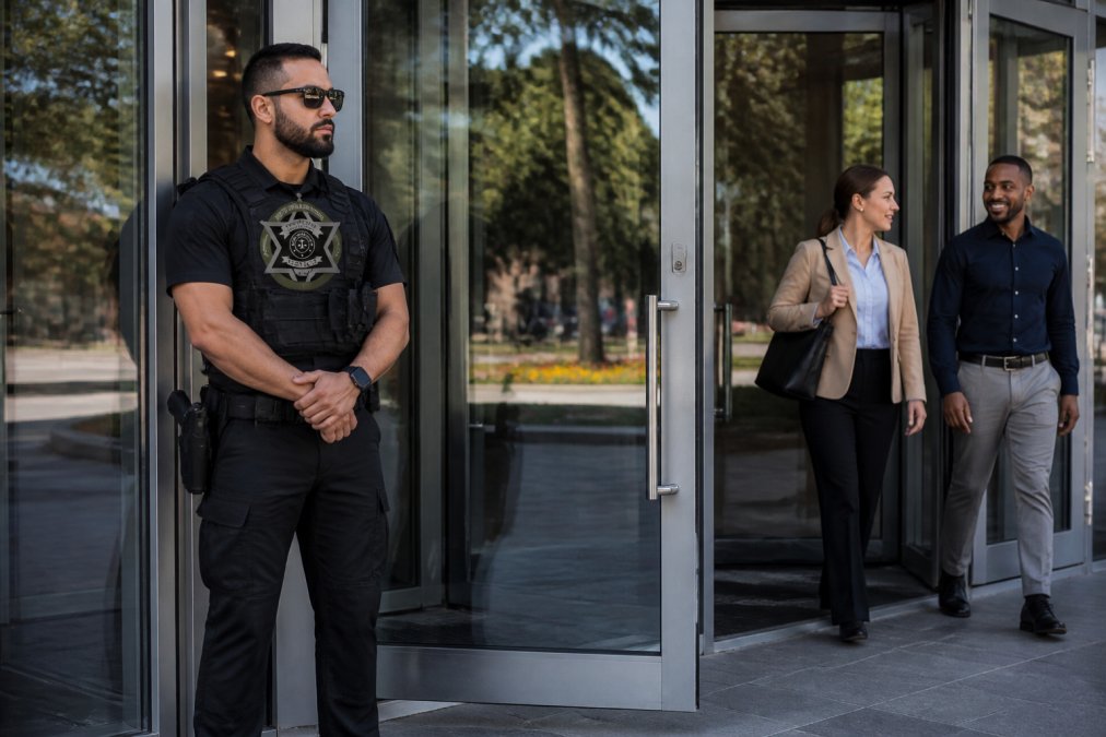 A uniformed security officer in a dark tactical uniform standing at the entrance of a modern glass-facade commercial building, maintaining an alert, upright posture while monitoring foot traffic during daytime