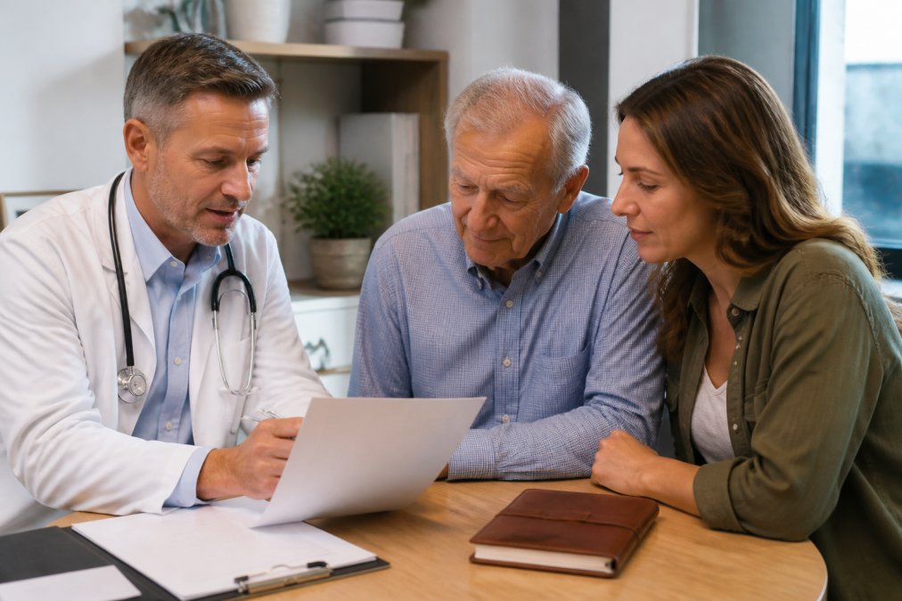 A physician in a white coat reviewing a care assessment checklist with an adult daughter and her elderly father at a bright clinic desk