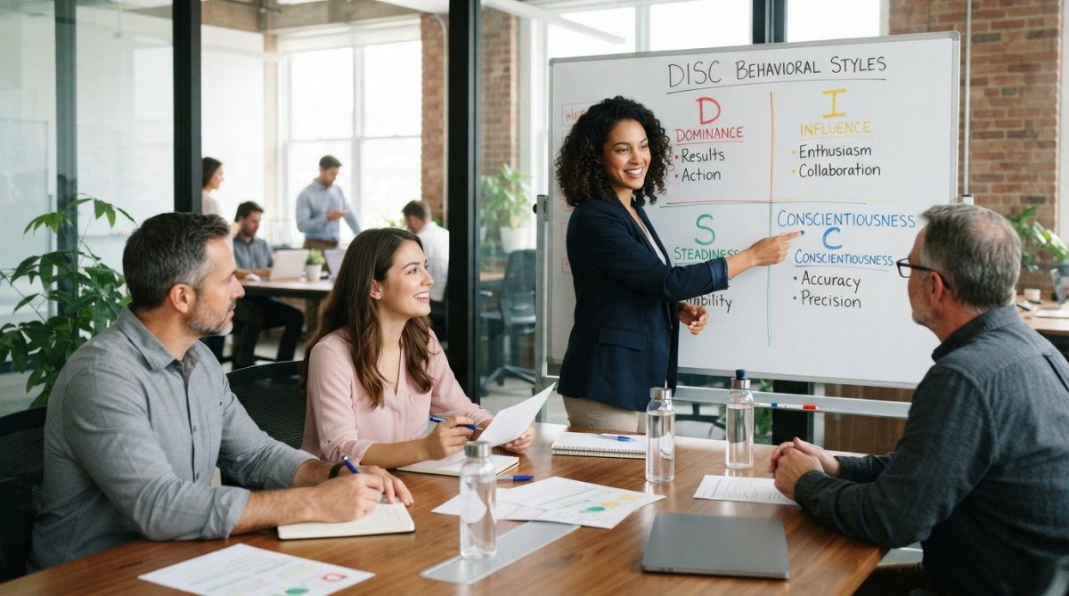 Professional team members engaged in collaborative discussion around a table, with one person pointing to a whiteboard showing the four DiSC behavioral styles (D, I, S, C) in different colors, while colleagues listen and take notes in a bright, modern office setting