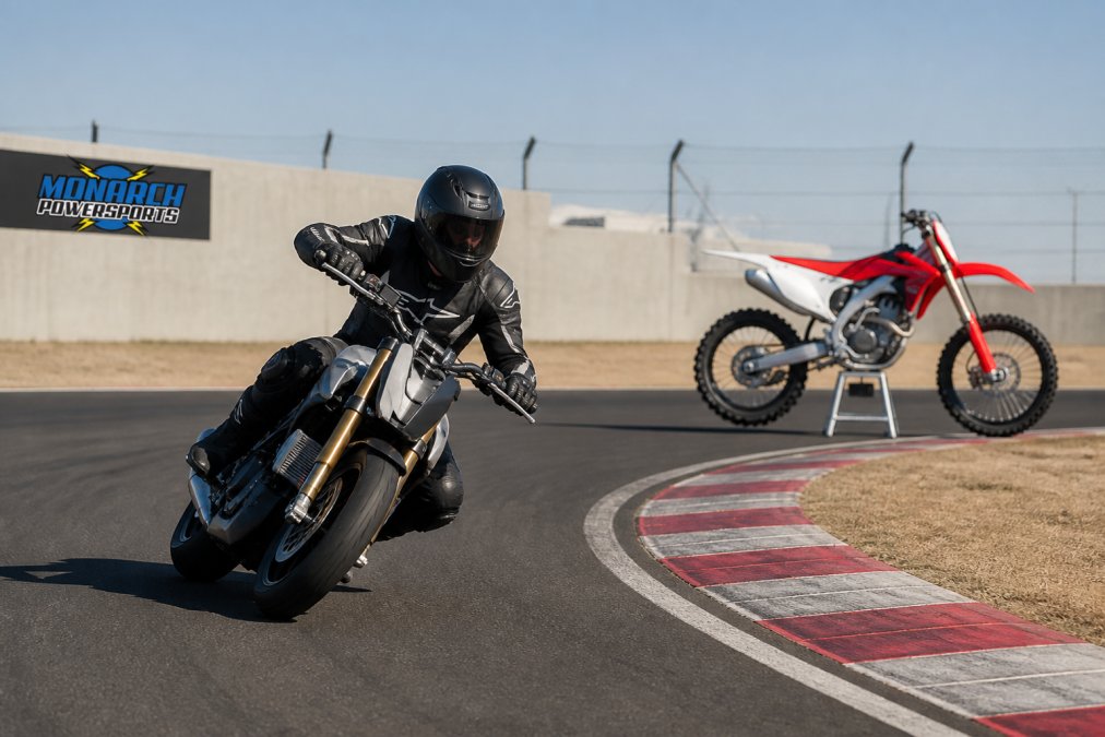 A rider test-riding an electric motorcycle on a private circuit, with a gas motorcycle parked in the background, capturing the contrast between the two technologies
