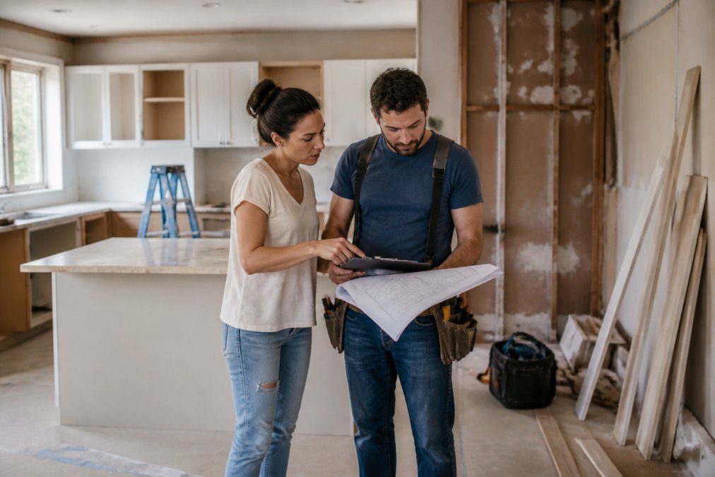 Homeowner and contractor reviewing blueprints for a kitchen renovation project while choosing between handyman and