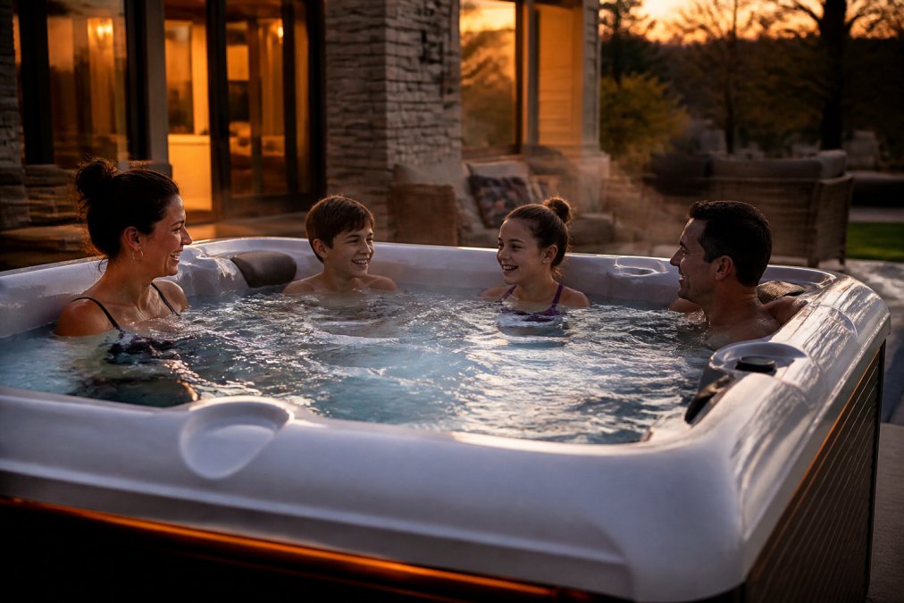 Family of four relaxing in an installed hot tub on a backyard patio at dusk, with warm ambient lighting, clear water, and steam rising gently, showing real-world comfort and enjoyment