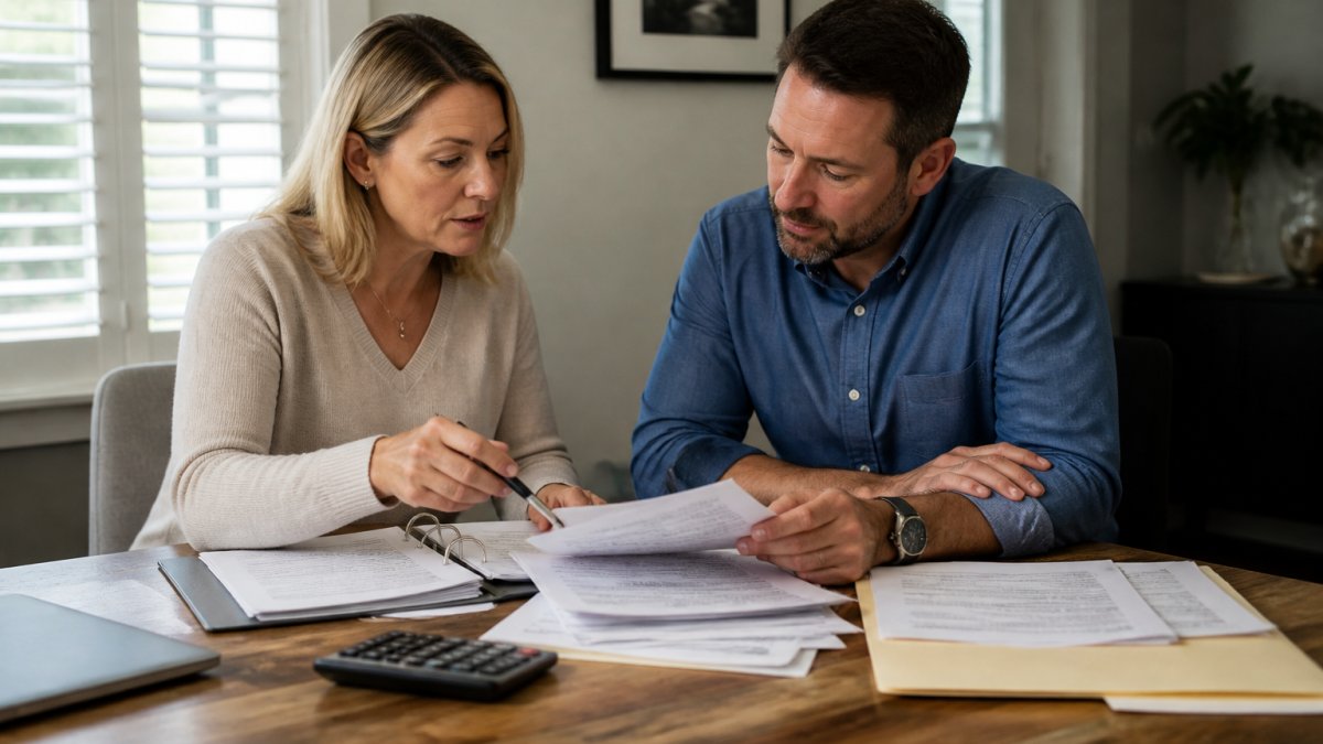 A small business owner and an accountant reviewing tax documents and a laptop with a calculator on a wooden desk in a bright home office