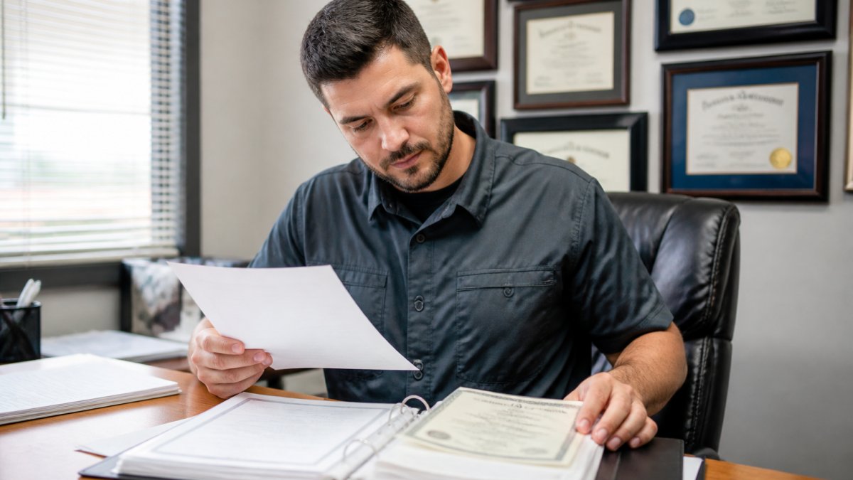 Home inspector reviewing certification documents when choosing between local home inspectors in a professional office.
