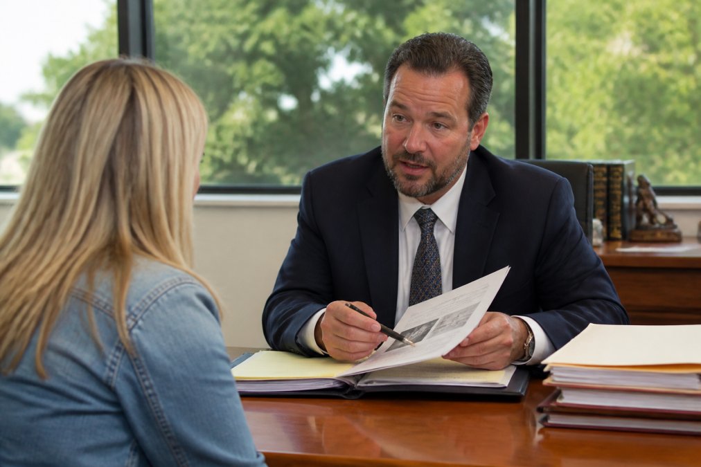 Professional attorney in business suit sitting at wooden desk across from client, reviewing case documents and medical records in modern law office with natural window lighting
