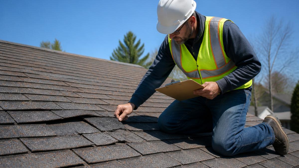 A roofing contractor in safety gear kneeling on an asphalt shingle roof, examining curling and cracked shingles with a clipboard in hand under a clear sky