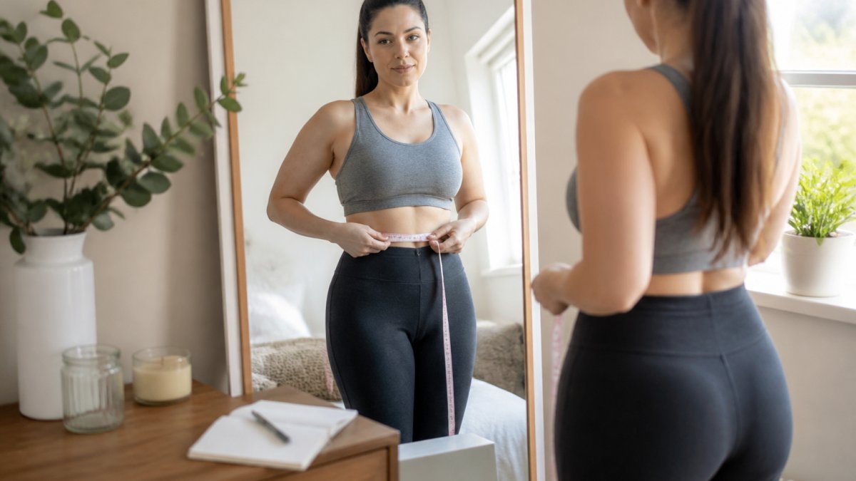 Woman standing in front of a mirror measuring her waist with a tape in a bright bedroom