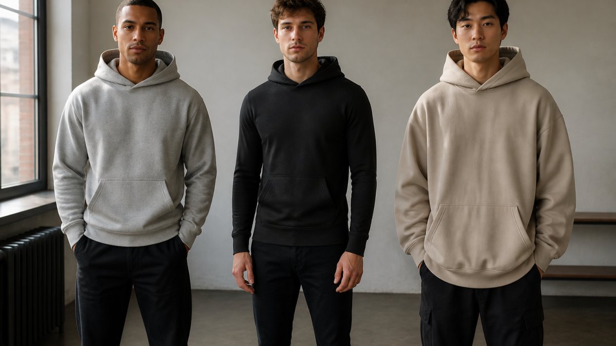 Three people standing side by side wearing regular, slim, and oversized hoodies in a bright indoor setting.
