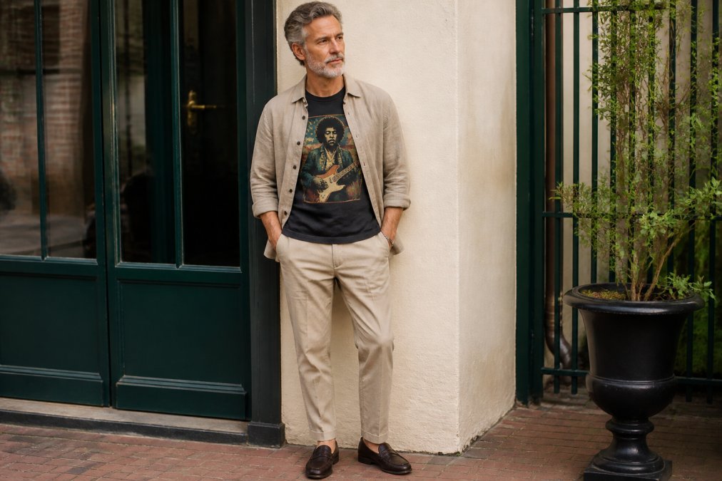 Person in their 50s wearing a vintage-inspired graphic tee layered under a casual linen button-up shirt, styled with tailored chinos and leather loafers, standing confidently in natural outdoor lighting