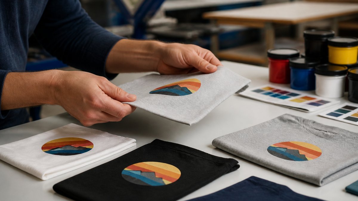 Close-up of hands holding a printed fabric sample under bright light, examining ink adhesion and color quality on cotton and polyester swatches laid out on a work table