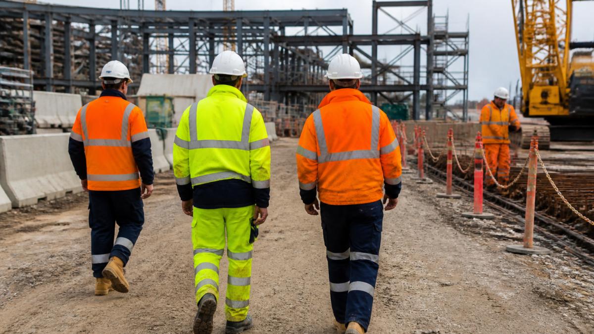 Construction workers on a busy outdoor industrial site wearing high-visibility jackets, trousers, and safety vests with reflective tape clearly visible, demonstrating proper compliant workwear in real working conditions