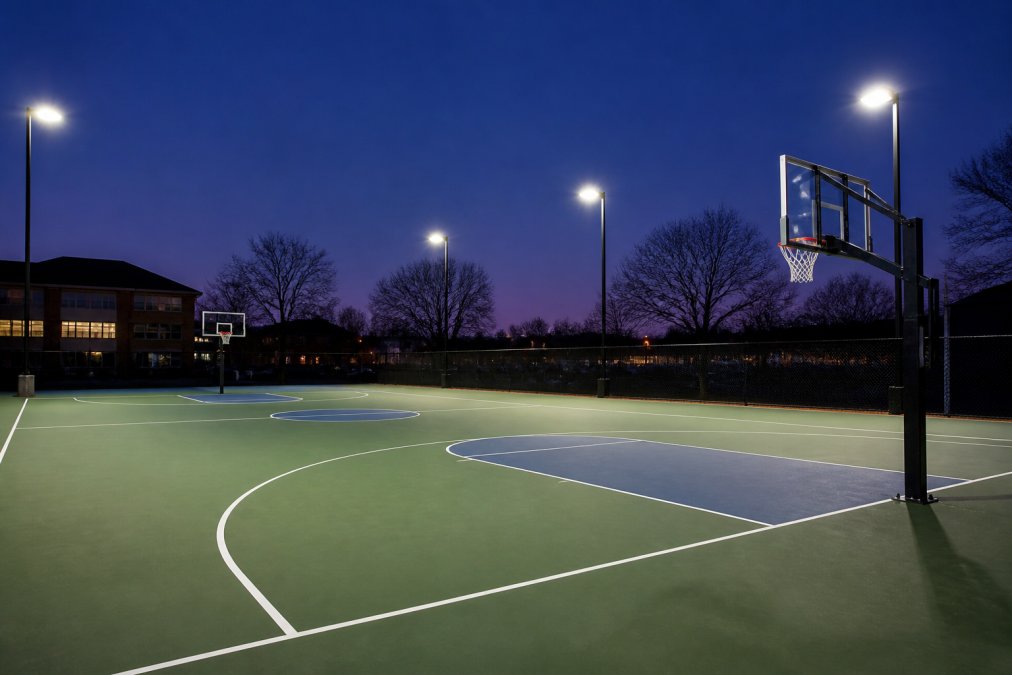 A wide view of an outdoor school basketball court at dusk, with pole-mounted LED fixtures casting bright, even light across the painted playing surface