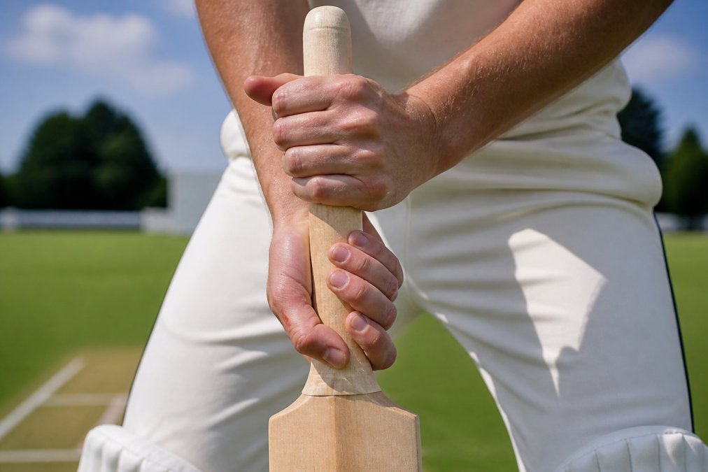 Close-up of a cricketer's hands gripping an un-gripped cricket bat handle, showing the top hand and bottom hand position against the willow splice in bright natural light