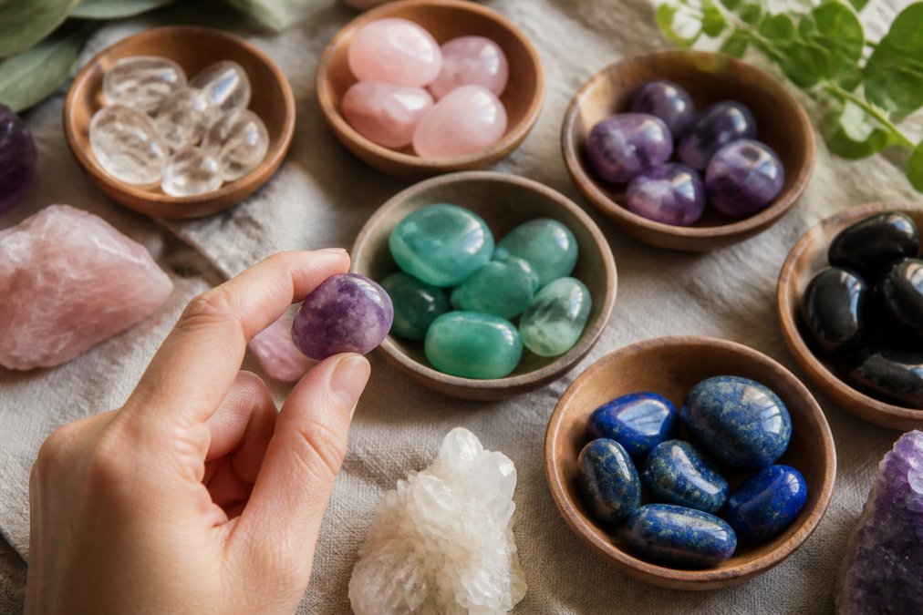 Tumbled crystals for spiritual growth arranged in wooden bowls with a hand holding a stone in natural light