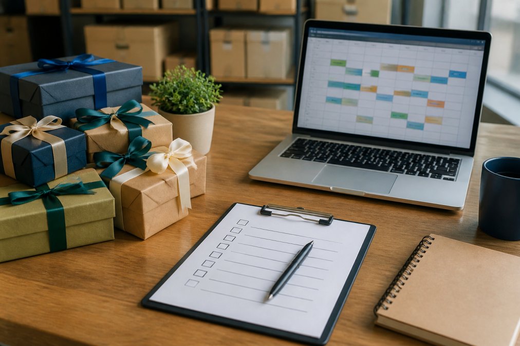 A neatly organized table with several wrapped gift boxes, a clipboard with a checklist, and a laptop showing a shipping schedule in a bright office setting