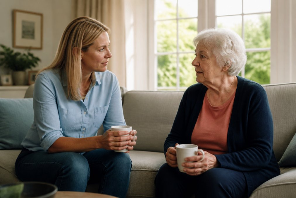 Adult child and elderly parent sitting together in a comfortable living room, having a calm, attentive conversation over tea, warm natural light from windows