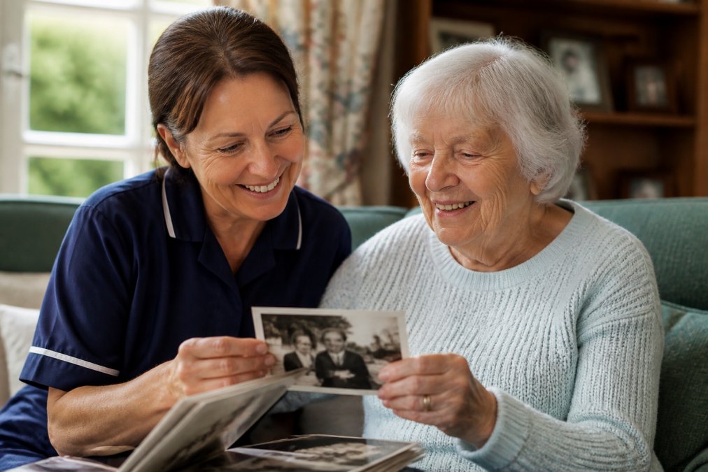 Professional carer and elderly person with dementia engaged in a meaningful activity together, looking at old family photographs in natural light, both smiling