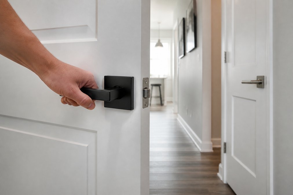 Hand gripping a matte black lever door handle on a white interior door with brushed nickel hardware in the background