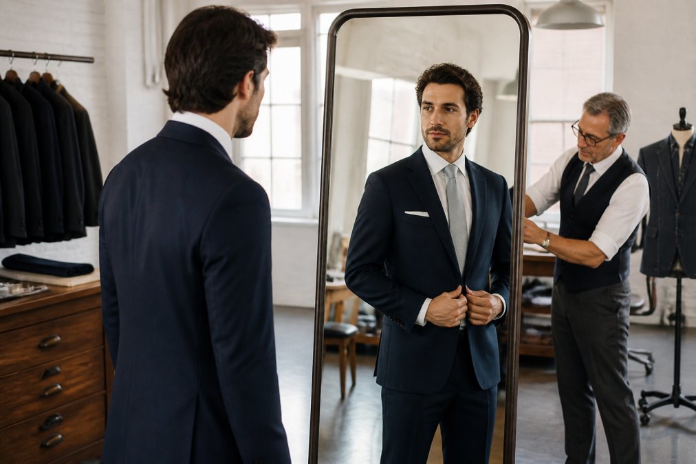 A man in a well-tailored white dress shirt and navy suit examining his reflection in a full-length mirror, while a tailor adjusts the jacket sleeve in the background of a bright tailoring studio