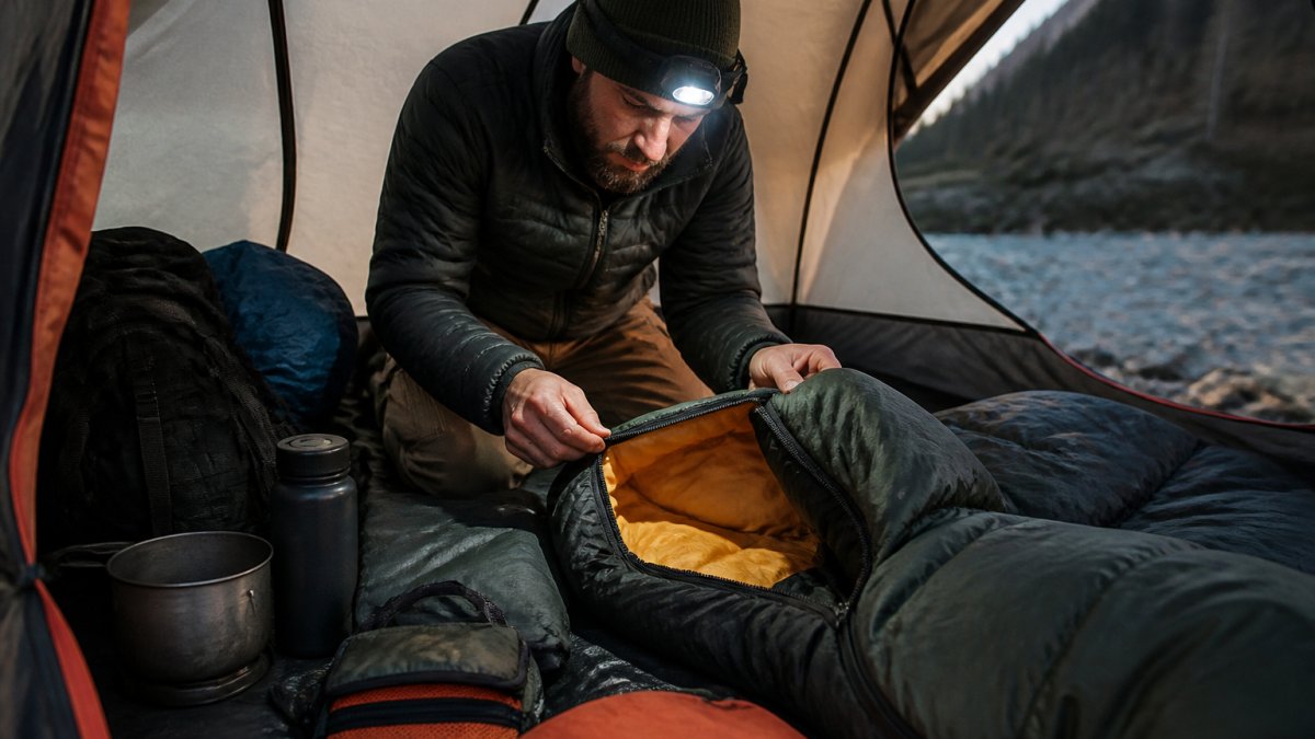 A camper kneeling beside a sleeping bag laid out on a tent floor, inspecting the stitching and zipper with a headlamp, camping gear scattered nearby