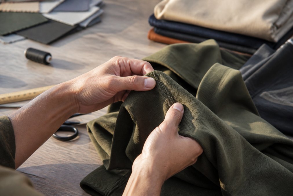 Close-up of hands examining a garment's seams and stitching detail, fingers tracing along the thread lines while inspecting fabric texture and construction quality in natural daylight