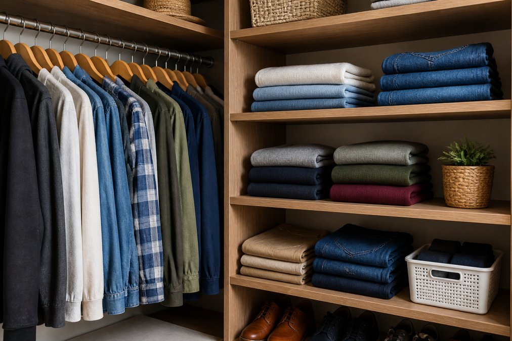 Organized closet with neatly folded clothing stacked on shelves and garments hung on wooden hangers, showing proper storage with good lighting and air circulation
