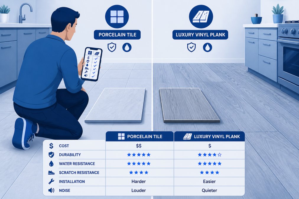 Homeowner kneeling on a kitchen floor comparing porcelain tile and luxury vinyl plank samples side by side while holding a smartphone showing a comparison table