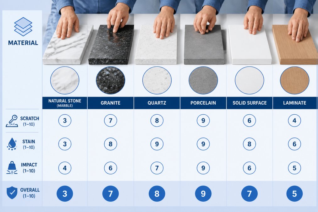 Infographic comparing surface textures and durability ratings of various durable kitchen worktop materials