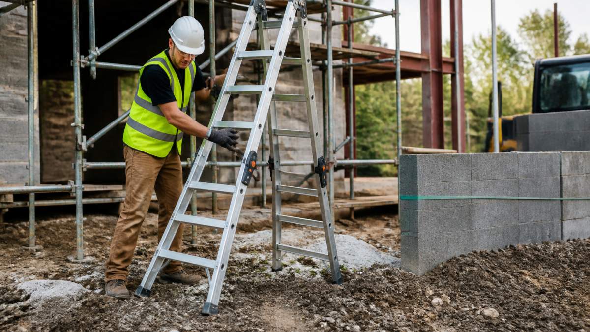 Construction worker setting up a multi-position ladder on uneven ground at an active building site