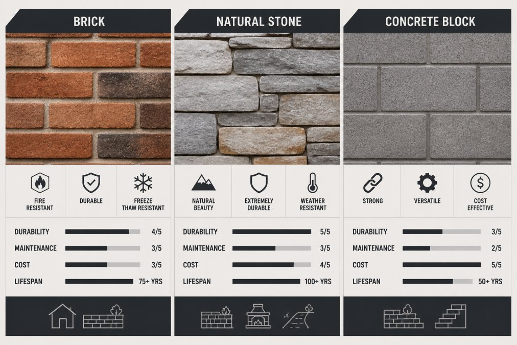 Close-up of three distinct masonry materials, warm brick with varied earth tones, natural stone with layered texture and gray-white coloring, and concrete block with uniform gray surface, arranged side by side showing color, texture, and surface variation