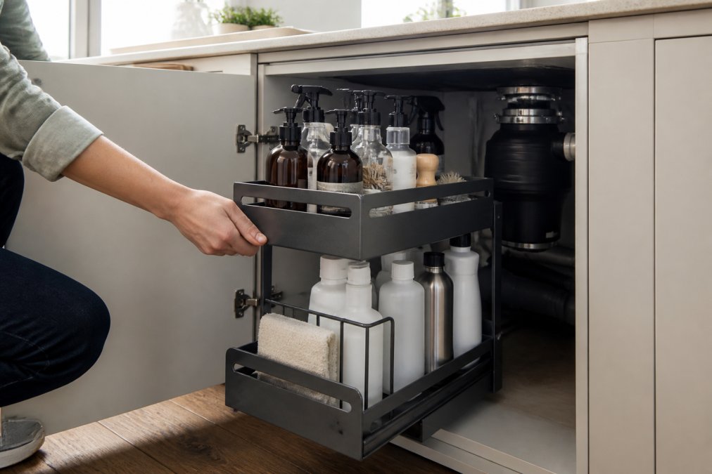 Hand pulling a two-tier metal pull-out organizer filled with cleaning supplies under a kitchen sink