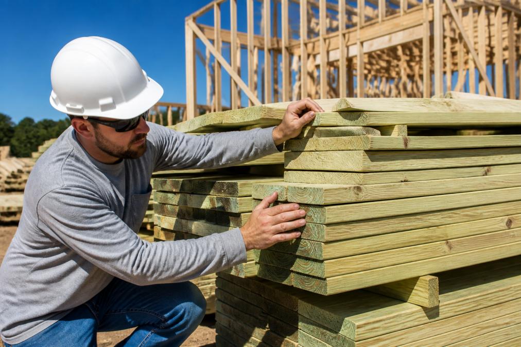Professional contractor examining pressure-treated lumber stacked on a construction site, showing characteristic greenish tint and wood grain detail in bright daylight