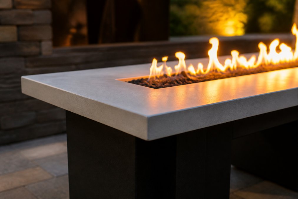 Close-up of natural stone fire pit surround showing detailed texture, weathered surface patterns, and warm flames glowing in the background during evening hours