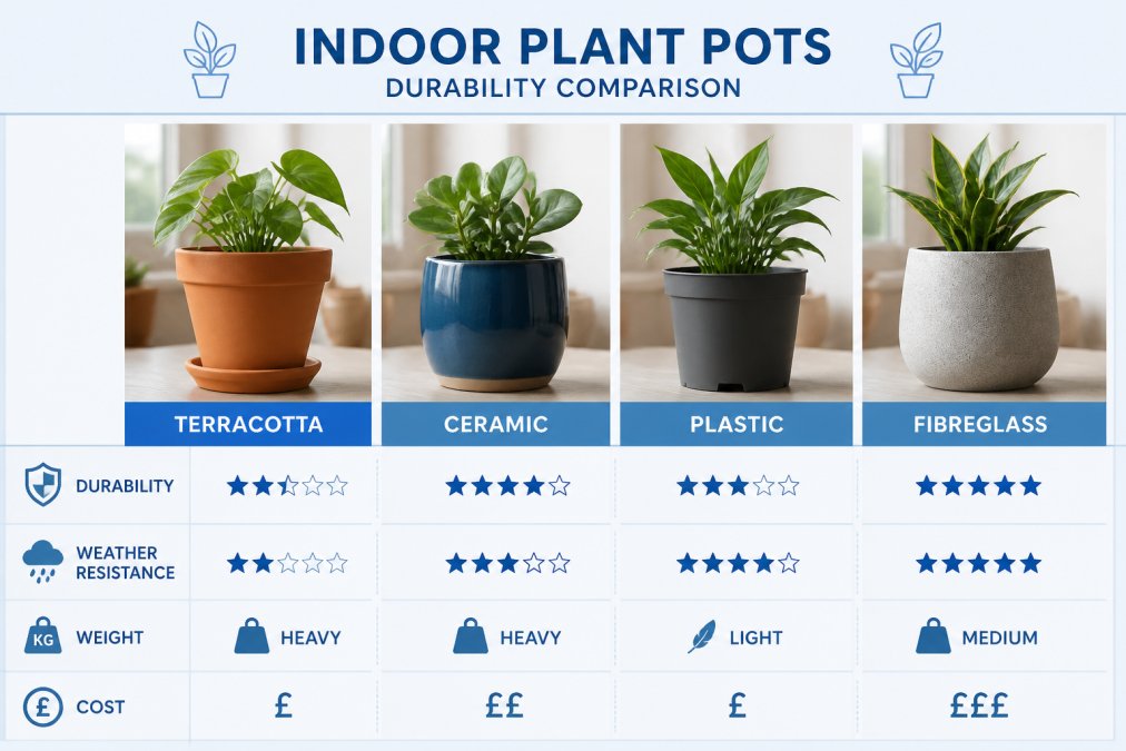 Close-up photograph of four indoor plant pots side by side on a wooden table: a terracotta pot, a glossy ceramic pot, a matte plastic pot and a fibreglass planter, each holding a small healthy houseplant, soft natural window light