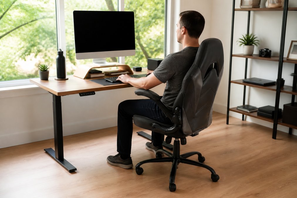 Person working at ergonomic desk setup with adjustable chair, external monitor at eye level, keyboard and mouse at elbow height, natural light from window, proper posture visible