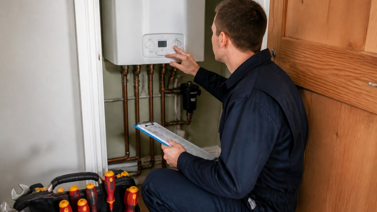 Heating engineer inspecting a wall-mounted boiler to ensure energy efficient heating in a home utility cupboard