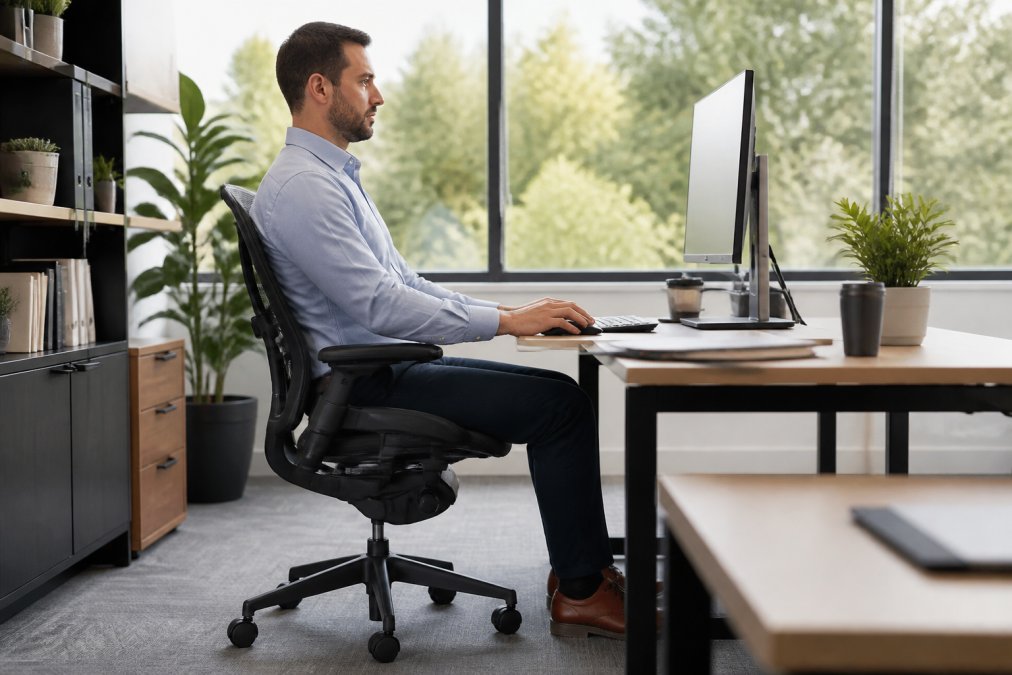 Professional office worker sitting at ergonomic workstation with proper posture, feet flat on floor, elbows at 90 degrees, monitor at eye level, demonstrating correct choosing ergonomic chairs for office staff setup
