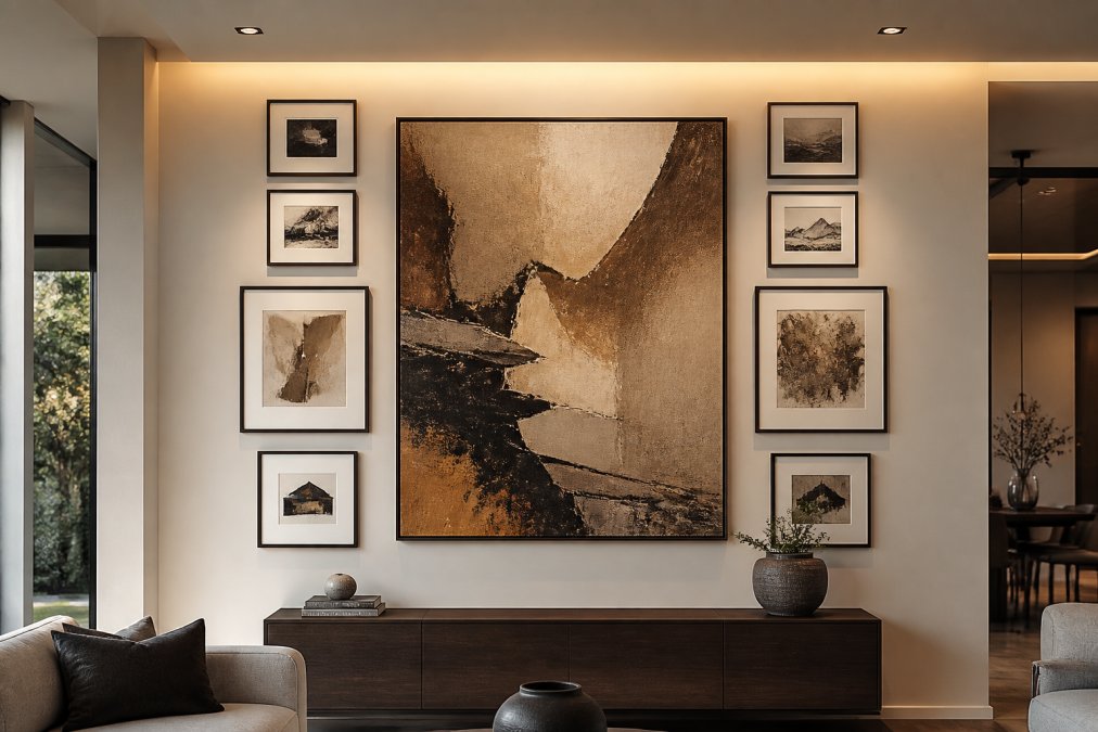 A curated gallery wall arrangement in a modern high-end interior featuring multiple framed artworks of varying sizes arranged symmetrically around a central large canvas statement piece, warm amber ambient lighting casting soft shadows, clean white walls with minimal furniture below