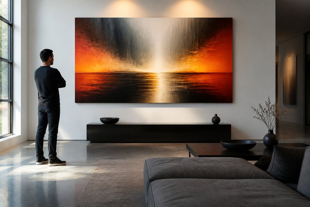 A large-format canvas print hanging on a clean white wall in a luxury living room, warm directional gallery spotlight illuminating the artwork from above, minimal low-profile furniture beneath, polished concrete floor, late afternoon natural light entering from a side window