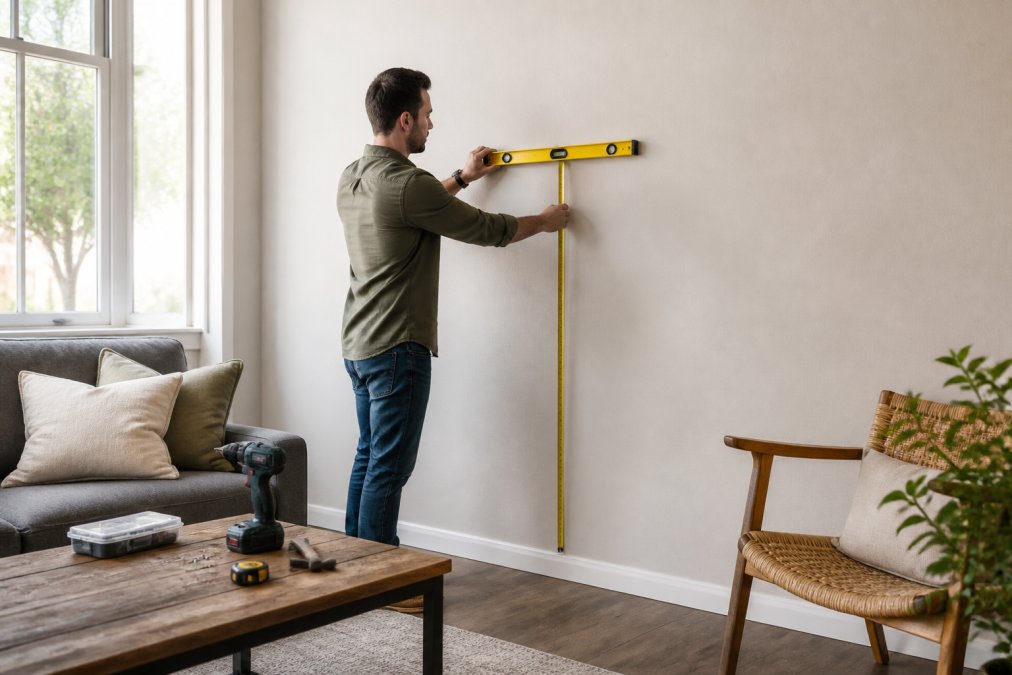 Step-by-step diagram showing how to use a level and tape measure to hang fine art at eye level