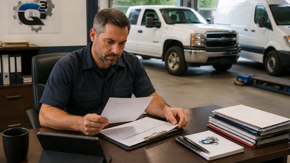Small business owner reviewing vehicle maintenance records on a tablet in a garage office setting, with service vehicles visible in the background
