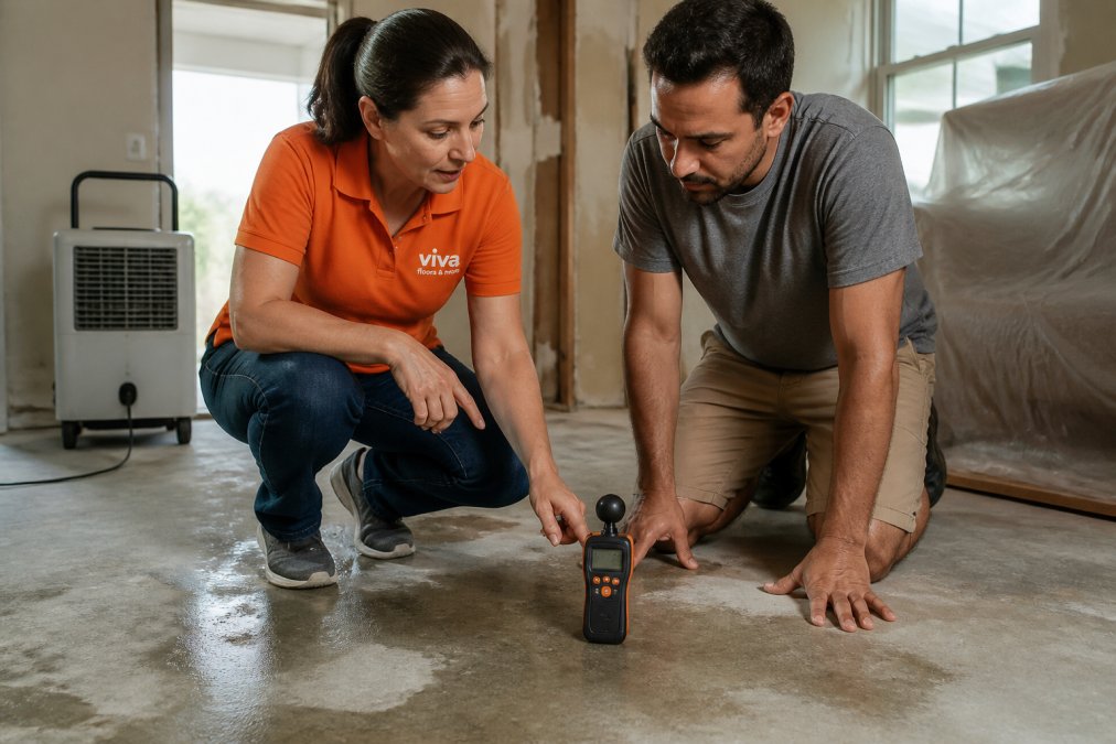 A homeowner and a flooring consultant examining a moisture meter reading on a concrete slab inside a home under renovation, with a dehumidifier in the background