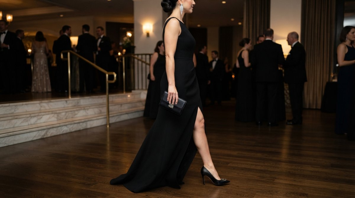 Woman wearing an elegant black evening gown with statement silver drop earrings, a structured black leather clutch, and black stiletto heels, photographed from waist down showing the complete formal look with polished details