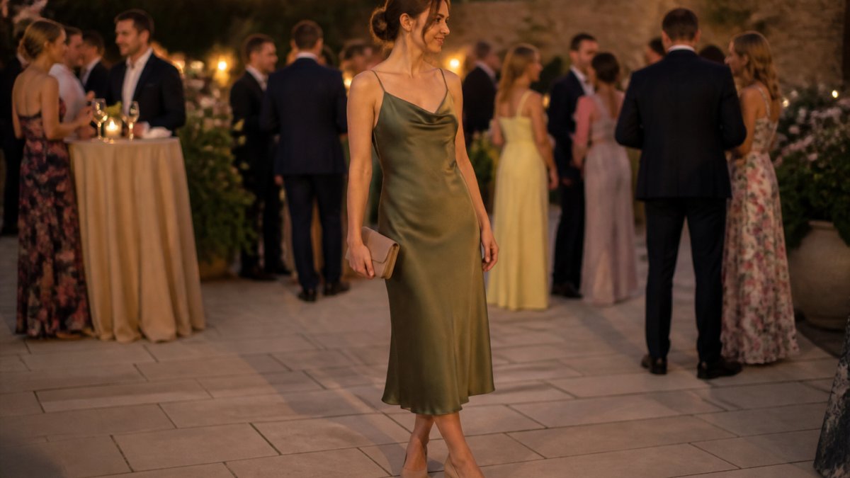 A woman in an elegant midi dress standing on a paved terrace at an evening wedding reception, wearing low block-heel formal shoes, with guests and festoon lighting softly blurred behind her