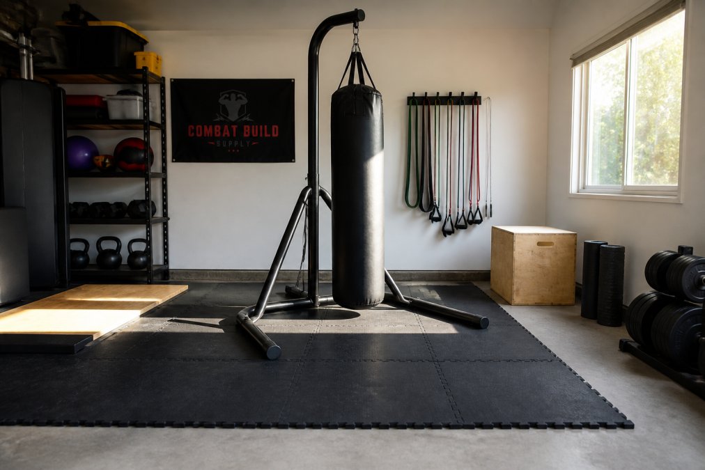 A well-organized home gym in a garage with a heavy bag stand centered on interlocking foam floor tiles, resistance bands hanging on a wall-mounted rack, and natural light from a side window illuminating open floor space