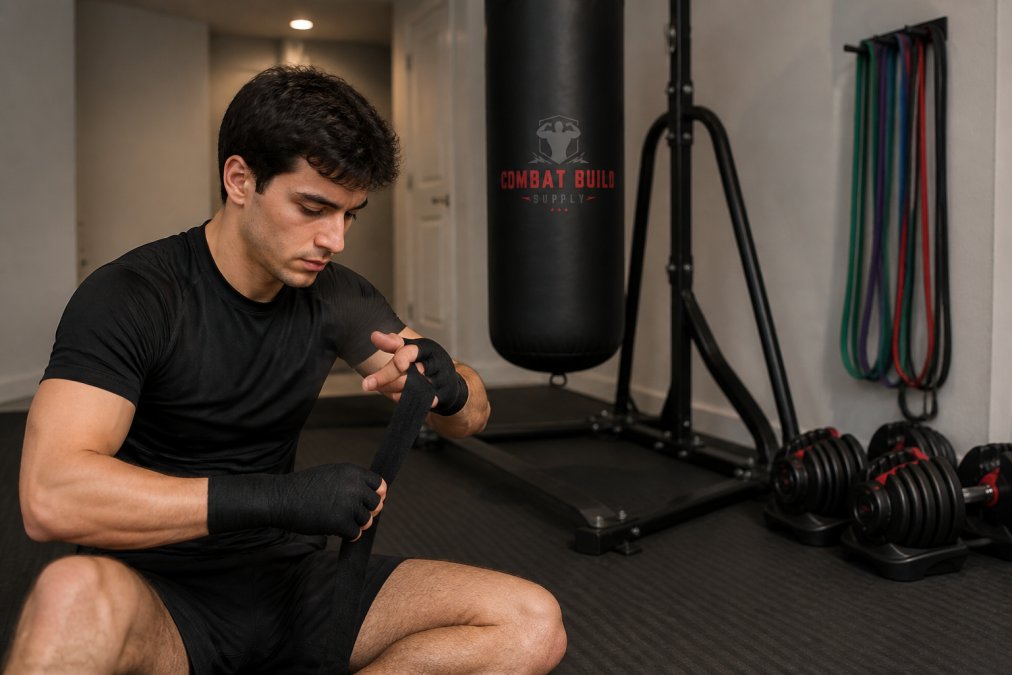 A martial artist wrapping their hands with black hand wraps in front of a heavy punching bag mounted on a freestanding stand, with resistance bands and adjustable dumbbells visible on a rubber mat in the background, warm overhead lighting